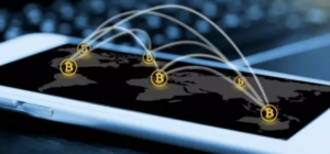 Mobile phone indicating bitcoin movement across the globe