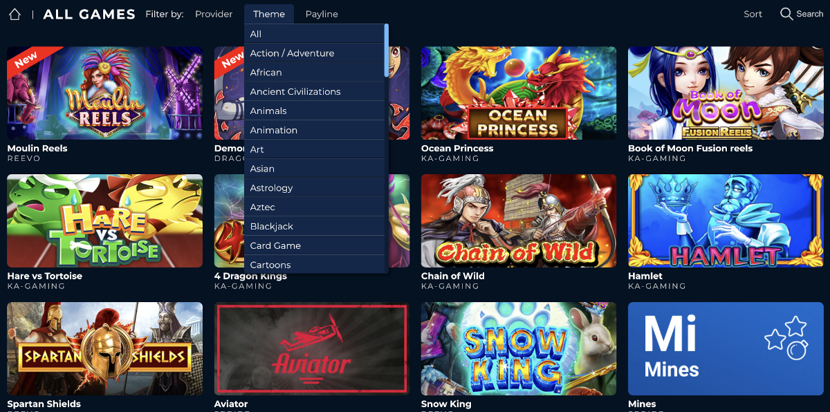 Punt Casino games can be searched and filtered by the theme category.