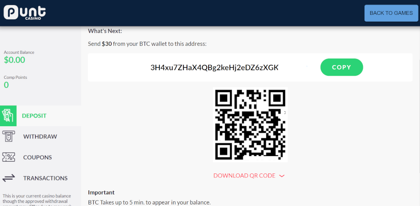 Deposit using bitcoin cash at Punt Casino.
