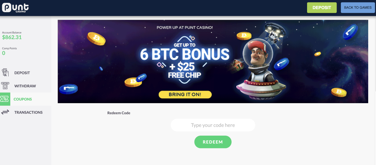 Claiming coupons and bonus codes at Punt Casino.