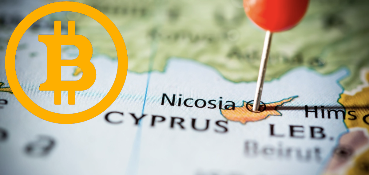 The Bitcoin logo on a map of Cyprus.