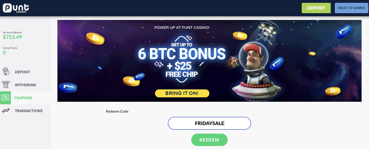 Claiming casino bonus coupons at Punt Casino.