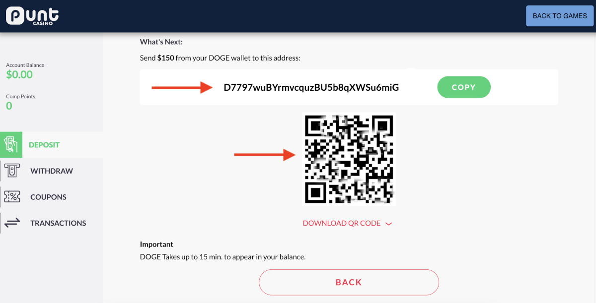 Depositing Doge to play online casino games at Punt Casino.