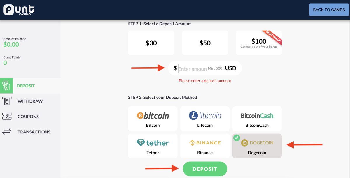 How to deposit doge at Punt Casino.