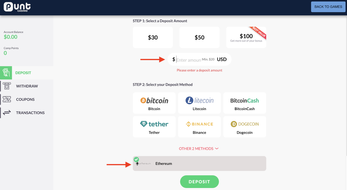 Making an ETH casino deposit at Punt Casino.