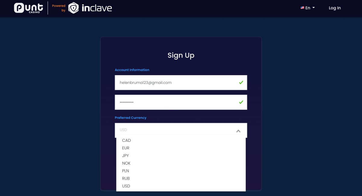 Enter your email address, password, and currency at Punt Casino.