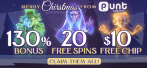 Get a bonus, free spins, and cashback this Christmas at Punt Casino.