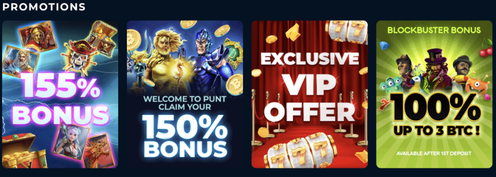 Some of the casino promotions and bonuses at Punt Casino.