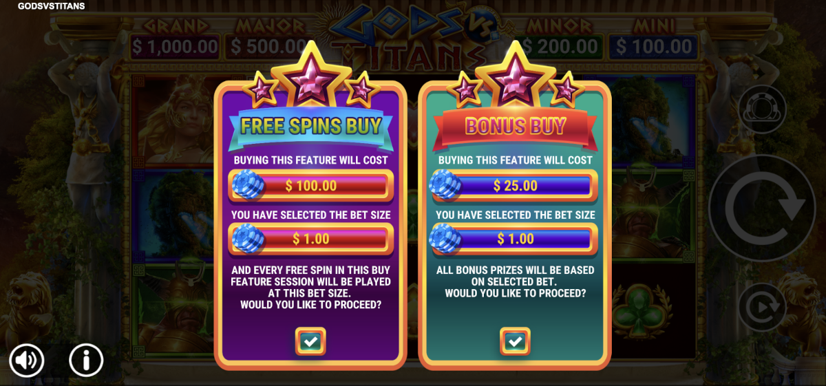 Buy Bonus feature used in Gods vs Titans slot from Reevo.