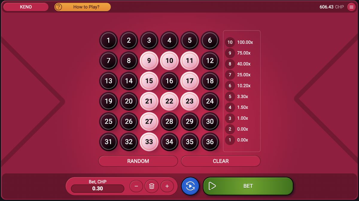 When it comes to keno terms, a "pattern" refers to betting on numbers to form a specific pattern on the keno field.