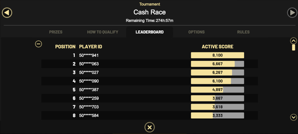 Cash Race leaderboard at Punt Casino.